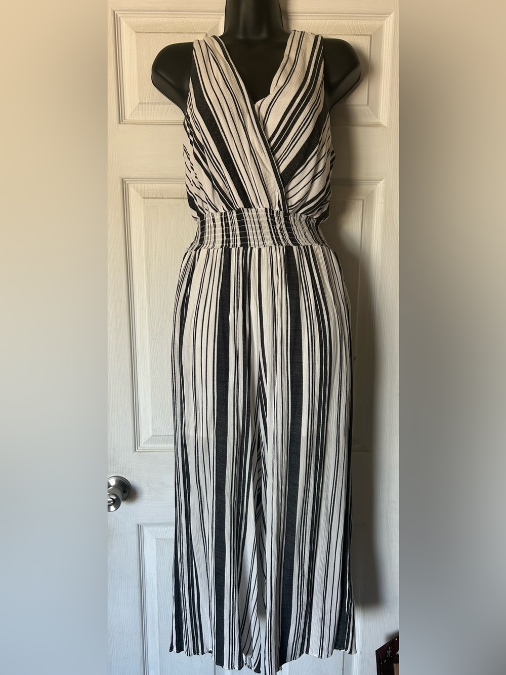 IN San Francisco Black White Striped Wide Leg sleeveless Jumpsuit